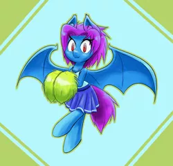 Size: 1178x1130 | Tagged: safe, artist:ikarooz, derpibooru import, oc, unofficial characters only, bat pony, pony, abstract background, bat pony oc, cheerleader, clothes, cute, female, looking at you, mare, ocbetes, pom pom, skirt, smiling, solo, tanktop