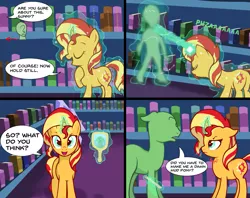 Size: 1611x1275 | Tagged: safe, artist:zharkaer, derpibooru import, sunset shimmer, oc, oc:anon, oc:anon stallion, earth pony, human, pony, unicorn, comic, curved horn, dialogue, eyes closed, floppy ears, human to pony, image, imminent spanking, levitation, library, looking at you, magic, mirror, mud pony, open mouth, png, pony racism, ruler, smiling, snorting, speech bubble, telekinesis, transformation, twilight's castle, unamused, vulgar