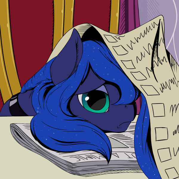 Size: 2000x2000 | Tagged: safe, artist:vistamage, derpibooru import, princess luna, alicorn, pony, a royal problem, cute, lunabetes, newspaper, overworking, sad, sadorable, scene interpretation, scroll, solo, tired