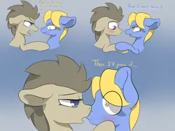Size: 3200x2400 | Tagged: safe, artist:lurker, derpibooru import, doctor whooves, perfect pace, time turner, pony, argument, doctor who, doctorpace, gay, heart, hoof on cheek, impending kiss, kissing, male, shipping, stallion, the master
