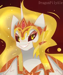 Size: 1700x2000 | Tagged: safe, artist:dragonpilyale, derpibooru import, daybreaker, pony, a royal problem, bust, evil grin, grin, portrait, signature, smiling, solo