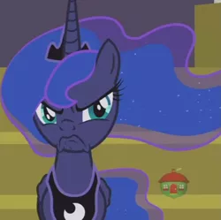 Size: 1083x1079 | Tagged: safe, derpibooru import, screencap, princess luna, pony, a royal problem, cropped, faic, grumpy, grumpy luna, scowl, solo, treehouse logo