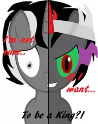 Size: 612x770 | Tagged: safe, artist:dark obsidian, derpibooru import, oc, oc:darkobsidian, unofficial characters only, pony, unicorn, crown, dark magic, jewelry, magic, regalia, simple background, solo, sombra eyes, split screen, two sided posters, white background