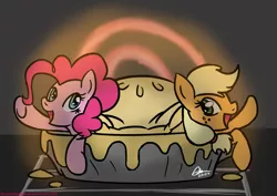 Size: 1748x1240 | Tagged: safe, artist:mrasianhappydude, derpibooru import, applejack, pinkie pie, pony, pinkie apple pie, duo, food, micro, pie, ponies in food, pun, raised hoof