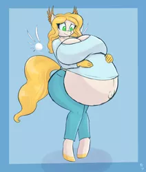 Size: 2392x2815 | Tagged: anthro, anthro oc, artist:funble, belly, big belly, big breasts, breasts, derpibooru import, feathered ears, female, floating wings, huge breasts, hyper, hyper pregnancy, oc, oc:mercury, outie belly button, pregnant, solo, solo female, suggestive, unguligrade anthro, unofficial characters only, wide hips