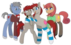 Size: 1280x811 | Tagged: safe, artist:liziedoodle, derpibooru import, oc, oc:firetorch, oc:ponepony, oc:scarlet topaz, oc:silvershield, unofficial characters only, pony, annoyed, ascot, bowtie, chest fluff, clothes, commission, ear piercing, earring, eyeshadow, family photo, glasses, hug, jewelry, makeup, piercing, scarf, sibling teasing, simple background, socks, stockings, striped socks, sweater vest, thigh highs, transparent background, unshorn fetlocks