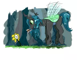 Size: 1165x915 | Tagged: artist:testostepone, cake, changeling, changeling queen, crossover, cute, cutealis, derpibooru import, duo, female, filly, filly queen chrysalis, flowey, flying, food, looking at each other, nymph, painting, queen chrysalis, safe, unamused, undertale, younger