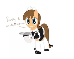 Size: 1000x800 | Tagged: safe, artist:mightyshockwave, derpibooru import, oc, oc:zippersnap, unofficial characters only, earth pony, pony, bow, clothes, dialogue, female, looking at you, maid, maid headdress, mare, plate, raised hoof, simple background, smiling, solo, tail bow, white background