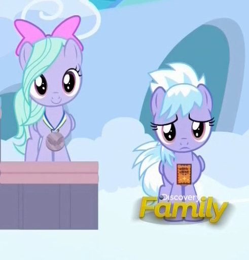 Size: 491x513 | Tagged: safe, derpibooru import, screencap, cloudchaser, flitter, pegasus, pony, parental glideance, cropped, cute, cutechaser, discovery family logo, female, filly, flitterbetes, mare, medal, sad