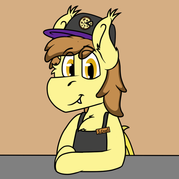 Size: 677x677 | Tagged: safe, artist:koonzypony, derpibooru import, oc, oc:stuffed crust, unofficial characters only, bat pony, pony, apron, bat wings, brown background, cashier, clothes, counter, fangs, food, hat, male, pizza, shy, simple background, smiling, solo, stallion