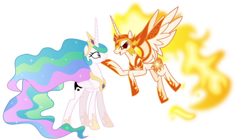 Size: 8000x4709 | Tagged: safe, artist:limedazzle, derpibooru import, daybreaker, princess celestia, alicorn, pony, a royal problem, absurd resolution, armor, ethereal mane, evil counterpart, hoof under chin, looking at each other, mane of fire, simple background, swapped cutie marks, transparent background, vector, wings