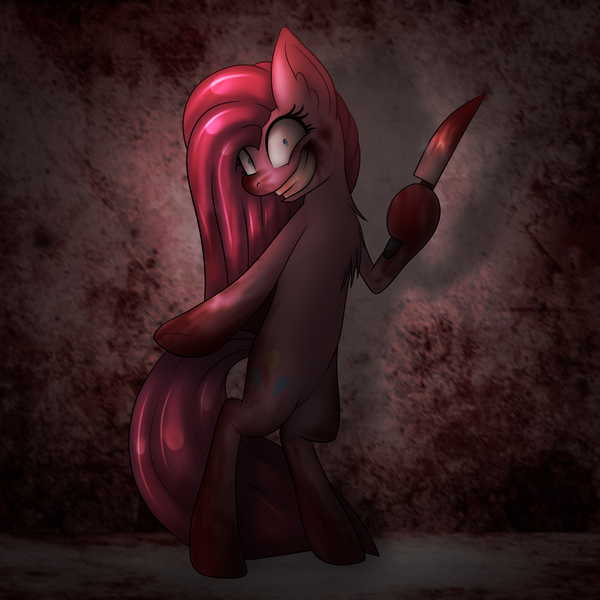 Size: 1024x1024 | Tagged: grimdark, artist:skashigame, derpibooru import, pinkie pie, earth pony, pony, bipedal, blood, evil grin, grin, knife, pinkamena diane pie, shrunken pupils, smiling, solo