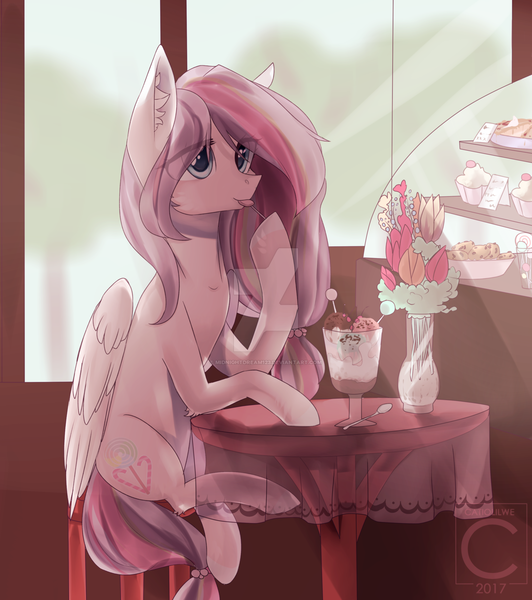 Size: 1280x1443 | Tagged: safe, artist:midnightdream123, derpibooru import, oc, oc:lightly candy, unofficial characters only, pegasus, pony, cupcake, female, flower, food, ice cream, mare, pie, sitting, solo, table, watermark