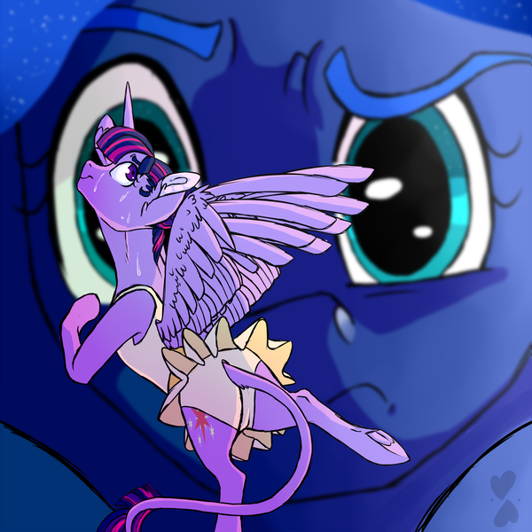 Size: 1024x1024 | Tagged: safe, artist:loladotz, derpibooru import, princess luna, twilight sparkle, twilight sparkle (alicorn), alicorn, pony, a royal problem, ballerina, bipedal, clothes, cute, leonine tail, leotard, macro, micro, plot, scene interpretation, skirt, skirt lift, spread wings, sweat, sweating profusely, tutu, twibutt, twilarina, underhoof, upskirt, wings