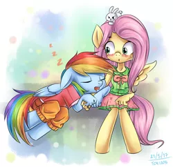 Size: 1550x1500 | Tagged: source needed, safe, artist:tcn1205, derpibooru import, angel bunny, fluttershy, rainbow dash, anthro, anatomically incorrect, blushing, clothes, cute, dashabetes, drool, female, flutterdash, incorrect leg anatomy, lesbian, shipping, shyabetes, skirt, sleeping