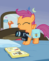 Size: 413x508 | Tagged: safe, derpibooru import, screencap, scootaloo, pony, parental glideance, animated, camera, cropped, cute, cutealoo, gif, happy, jumping, jumping on the bed, saddle bag, scrapbook, solo, squee