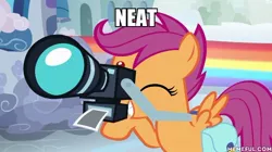 Size: 600x337 | Tagged: safe, derpibooru import, edit, edited screencap, screencap, scootaloo, pony, parental glideance, camera, futurama, neat, solo