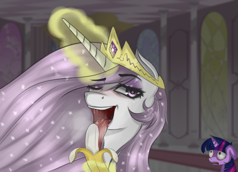 Size: 1000x720 | Tagged: questionable, artist:leonkennedy141, derpibooru import, princess celestia, twilight sparkle, alicorn, pony, princess molestia, banana, bananajob, crown, female, food, glowing horn, implied blowjob, implied oral, implied sex, jewelry, levitation, licking, magic, mare, regalia, smiling, suggestive eating, telekinesis, tongue out