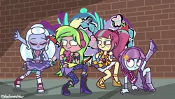 Size: 1600x900 | Tagged: safe, artist:psychodiamondstar, derpibooru import, lemon zest, sour sweet, sugarcoat, sunny flare, dance magic, equestria girls, spoiler:eqg specials, converse, dancing, eyes closed, graffiti, group, scene interpretation, shoes, smiling, sneakers, wall