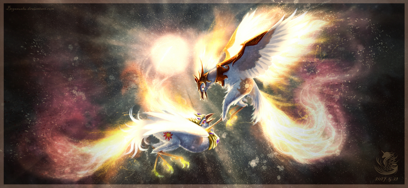 Size: 1920x889 | Tagged: a royal problem, artist:begasus, awesome, beautiful, bird, chinese mythology, chinese text, confrontation, crown, daybreaker, derpibooru import, duo, epic, fight, flying, japanese mythology, jewelry, looking at each other, majestic, mythology, nightmare star, regalia, safe, sanzuwu, species swap, spread wings, sun, three-legged golden crow, two flaming sunponies, wings, yangwu, yatagarasu