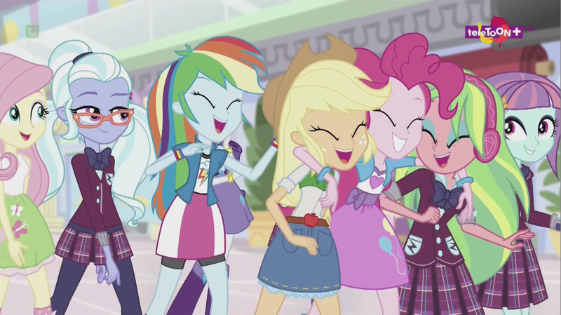 Size: 1137x638 | Tagged: safe, derpibooru import, screencap, applejack, fluttershy, lemon zest, pinkie pie, rainbow dash, sugarcoat, sunny flare, dance magic, equestria girls, spoiler:eqg specials, canterlot mall, clothes, crystal prep academy uniform, crystal prep shadowbolts, friendship, glasses, group, happy, heart, mall, school uniform, smiling, teletoon, wondercolts