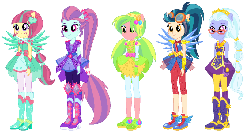 Size: 1110x598 | Tagged: safe, artist:ra1nb0wk1tty, derpibooru import, indigo zap, lemon zest, sour sweet, sugarcoat, sunny flare, equestria girls, legend of everfree, arm warmers, boots, bowtie, clothes, crystal guardian, crystal prep shadowbolts, crystal wings, ear piercing, earring, female, glasses, gloves, goggles, headband, heart, high heel boots, jewelry, necklace, pendant, piercing, ponied up, pony ears, ponytail, shadow five, shoes, simple background, skirt, sneakers, stars, super ponied up, white background, wings