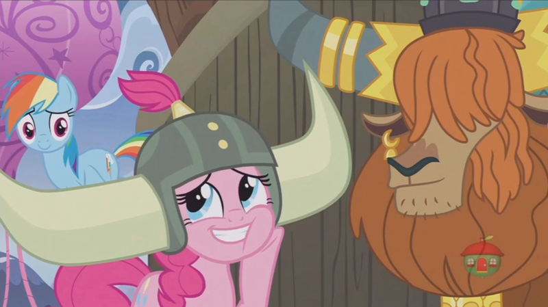 Size: 1234x692 | Tagged: safe, derpibooru import, screencap, pinkie pie, prince rutherford, rainbow dash, pony, not asking for trouble, helmet, honorary yak horns, horned helmet, viking helmet