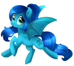 Size: 2844x2548 | Tagged: safe, artist:mimijuliane, derpibooru import, oc, oc:cerulean circuit, unofficial characters only, bat, bat pony, pony, bat pony oc, blue eyes, blue hair, cute, cute little fangs, fangs, looking at you, rule 63, scrunchie, simple background, smiling, solo, spread wings, transparent background, trotting, walking, wings