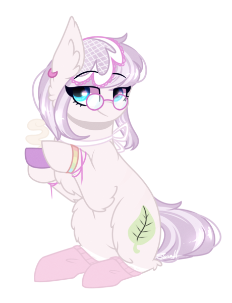 Size: 1569x2047 | Tagged: safe, artist:cloud-drawings, derpibooru import, oc, oc:tea leaf, unofficial characters only, earth pony, pony, clothes, coffee, cup, female, glasses, mare, simple background, sitting, socks, solo, transparent background