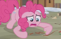 Size: 1077x692 | Tagged: safe, derpibooru import, screencap, pinkie pie, pony, not asking for trouble, cropped, floppy ears, sad, solo, twig