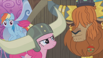 Size: 400x225 | Tagged: safe, derpibooru import, screencap, pinkie pie, prince rutherford, rainbow dash, earth pony, pegasus, pony, not asking for trouble, animated, crown, ear piercing, earring, gif, helmet, honorary yak horns, horn ring, hornbump, horned helmet, hot air balloon, jewelry, piercing, regalia, spinning, twinkling balloon, viking helmet