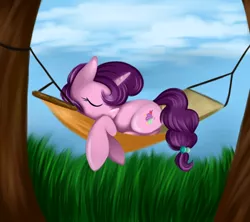 Size: 1024x910 | Tagged: safe, artist:lcpegasister75, derpibooru import, sugar belle, pony, unicorn, hard to say anything, female, grass, hammock, mare, sleeping, solo, tree