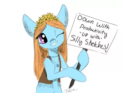 Size: 1600x1200 | Tagged: safe, artist:faline-art, derpibooru import, oc, unofficial characters only, pony, female, grin, hippie, mare, one eye closed, protest, sign, silly, silly pony, simple background, smiling, solo, white background, wink