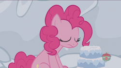 Size: 768x432 | Tagged: safe, derpibooru import, screencap, pinkie pie, prince rutherford, pony, not asking for trouble, animated, brain freeze, cake, eating, food, gif, icicle, shivering, snow