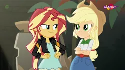 Size: 1920x1080 | Tagged: safe, derpibooru import, screencap, applejack, sunset shimmer, equestria girls, movie magic, spoiler:eqg specials, clothes, cowboy hat, faic, freckles, hand on hip, hat, jacket, leather jacket, looking at each other, plant, smiling, smug, smugset shimmer, teletoon