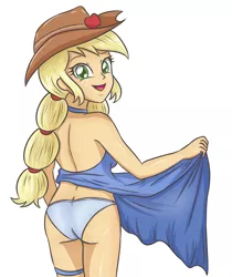 Size: 2952x3507 | Tagged: suggestive, artist:sumin6301, derpibooru import, applejack, equestria girls, applebutt, ass, blue underwear, breasts, clothes, cowboy hat, dress, female, hat, looking at you, looking back, panties, rear view, side slit, simple background, skirt, skirt lift, smiling, solo, solo female, stetson, underwear, white background