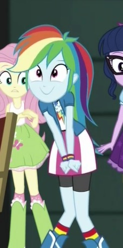 Size: 245x494 | Tagged: safe, derpibooru import, screencap, fluttershy, rainbow dash, sci-twi, twilight sparkle, equestria girls, movie magic, spoiler:eqg specials, boots, bracelet, c:, clothes, compression shorts, cropped, cute, dashabetes, excited, geode of super speed, glasses, jewelry, knees pressed together, knees rubbing together, legs, magical geodes, ponytail, pose, rainbow dash is best facemaker, skirt, smiling, socks, wristband