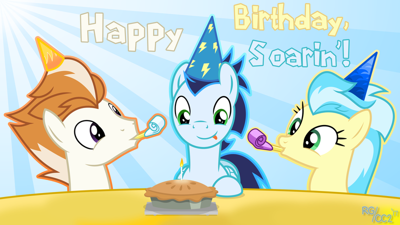 Size: 3840x2160 | Tagged: safe, artist:chainchomp2, derpibooru import, fire streak, misty fly, soarin', pegasus, pony, 4k, :p, birthday, candle, female, food, gift art, happy birthday, hat, high res, male, mare, noisemaker, party hat, pie, signature, stallion, sunburst background, that pony sure does love pies, tongue out, vector, wonderbolts