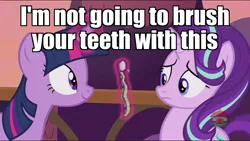 Size: 1920x1080 | Tagged: suggestive, derpibooru import, edit, edited screencap, screencap, starlight glimmer, twilight sparkle, twilight sparkle (alicorn), alicorn, pony, a royal problem, image macro, magic, meme, spikebrush, telekinesis, toothbrush