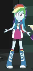 Size: 258x551 | Tagged: safe, derpibooru import, screencap, rainbow dash, sci-twi, twilight sparkle, equestria girls, movie magic, spoiler:eqg specials, boots, bracelet, clothes, compression shorts, cropped, cute, female, geode of super speed, jewelry, magical geodes, offscreen character, pose, skirt, socks, solo, wristband