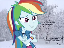 Size: 1024x768 | Tagged: safe, derpibooru import, edit, edited screencap, screencap, rainbow dash, equestria girls, movie magic, spoiler:eqg specials, cold, crossed arms, freezing, freezing fetish, geode of super speed, magical geodes, shivering, smiling, snow, solo, talking, winter