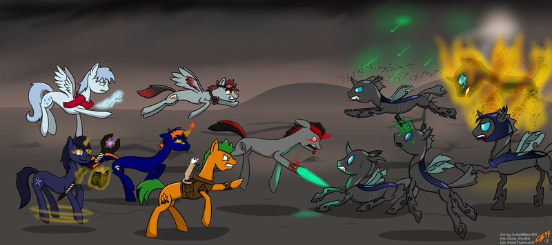 Size: 9000x4000 | Tagged: semi-grimdark, artist:cobaltblaze93, artist:fenixthefox93, derpibooru import, oc, oc:caliber, oc:cobalt blaze, oc:frosty, oc:overclock, oc:roughneck, oc:star bright, unofficial characters only, changeling, earth pony, ferret, pegasus, pony, unicorn, absurd resolution, alternate timeline, ashlands timeline, barren, blood, book, critique requested, death, energy blade, fight, goggles, immolation, implied genocide, knife, magic, post-apocalyptic, respirator, spellbook, staff, wasteland, wisp