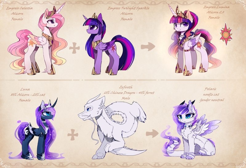 Size: 3410x2331 | Tagged: safe, artist:magnaluna, derpibooru import, princess celestia, princess luna, twilight sparkle, twilight sparkle (alicorn), oc, oc:lumina, oc:polaris, oc:zefiroth, alicorn, dracony, dragon, hybrid, pony, canon x oc, cheek fluff, chest fluff, chin fluff, chinese dragon, collar, colored wings, colored wingtips, crown, curved horn, cute, ear fluff, female, fluffy, furry dragon, fusion, galaxy mane, horn, jewelry, leg fluff, lesbian, looking at each other, looking at you, magical lesbian spawn, male, mare, offspring, paws, regalia, royal sisters, shipping, simple background, smiling, translucent mane, twiabetes, twilestia, underpaw, wing fluff, wingding eyes