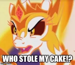 Size: 358x311 | Tagged: safe, derpibooru import, edit, edited screencap, screencap, daybreaker, alicorn, pony, a royal problem, angry, cake, cakelestia, cropped, daycaker, food, image macro, meme, solo