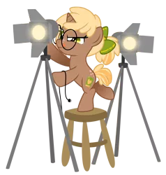 Size: 3361x3529 | Tagged: safe, artist:lostinthetrees, derpibooru import, oc, oc:copper chip, unofficial characters only, pony, unicorn, babscon, female, filly, glasses, high res, mare, simple background, solo, spotlight, stool, tongue out, transparent background