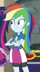 Size: 263x476 | Tagged: safe, derpibooru import, screencap, rainbow dash, sci-twi, twilight sparkle, equestria girls, movie magic, spoiler:eqg specials, cropped, crossed arms, geode of super speed, magical geodes, offscreen character, smiling