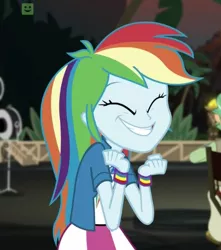 Size: 474x535 | Tagged: safe, derpibooru import, screencap, canter zoom, rainbow dash, equestria girls, movie magic, spoiler:eqg specials, bracelet, chair, clothes, cropped, cute, dashabetes, excited, eyes closed, geode of super speed, jewelry, magical geodes, skirt, smiling, solo focus, wristband