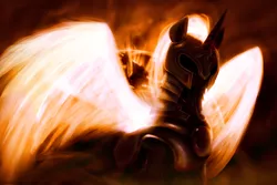 Size: 1920x1280 | Tagged: safe, artist:zoarvek, derpibooru import, nightmare star, princess celestia, alicorn, pony, armor, dark, glow, glowing wings, hidden eyes, solo, sun, warrior celestia