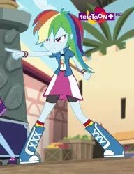 Size: 392x510 | Tagged: safe, derpibooru import, screencap, rainbow dash, sci-twi, twilight sparkle, equestria girls, movie magic, spoiler:eqg specials, angry, boots, bracelet, clothes, compression shorts, cropped, female, geode of super speed, india movie set, jewelry, magical geodes, offscreen character, pointing, shoes, skirt, socks, solo, stop right there criminal scum, striped socks, teletoon, upset, wristband