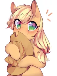 Size: 1200x1600 | Tagged: safe, artist:ms-xana, derpibooru import, applejack, pony, blushing, covering, crying, cute, simple background, solo, white background, wingding eyes